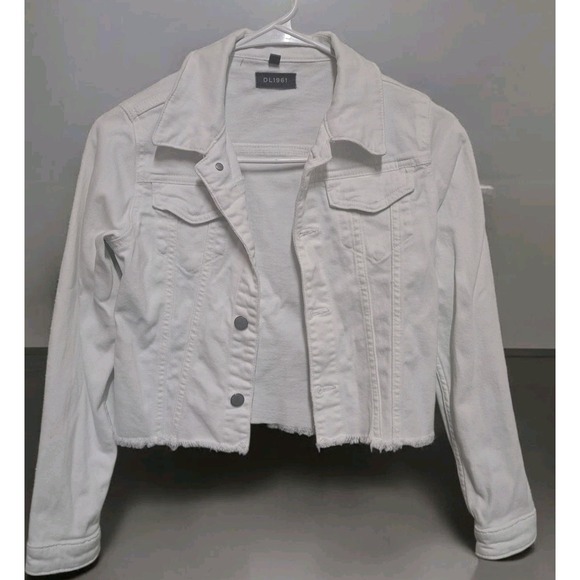 DL1961 Jackets & Blazers - DL1961 White Cropped Denim Jacket Women's Medium Frayed Hem Stretch